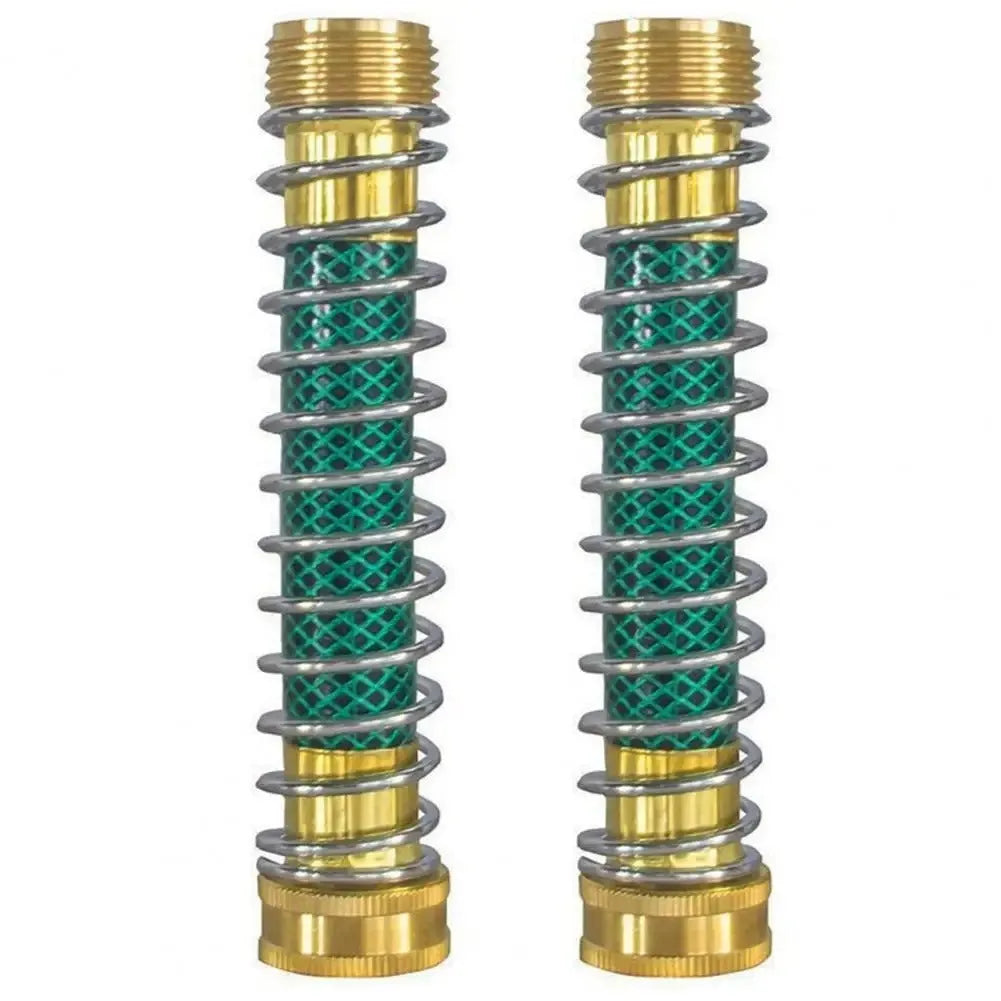 Brass garden spring hose connector with spiral spring, 15cm long with 3/4 inch threads.
