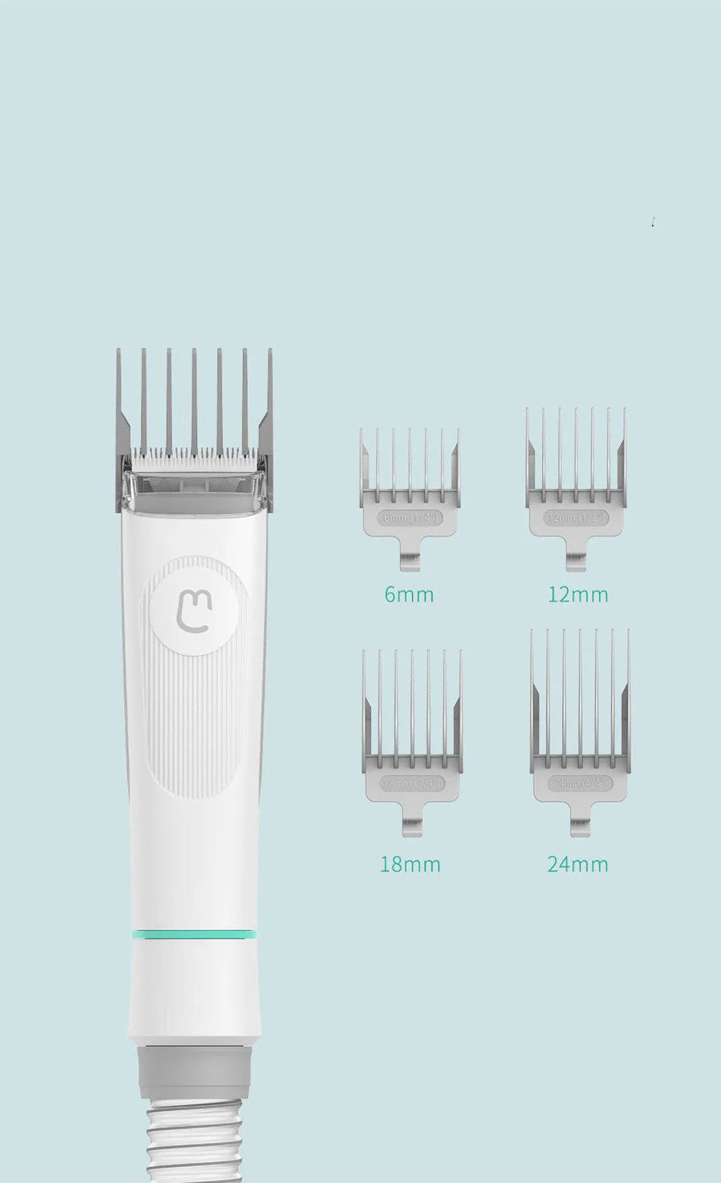 White pet grooming clippers with electric scissors and multiple attachments on blue background