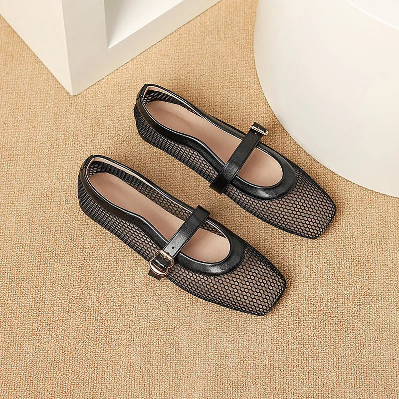 Women's beige mesh pump with square toe and adjustable buckle on flat heel.