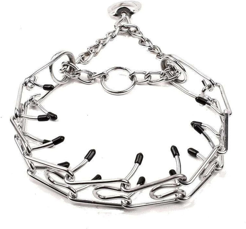 Stainless steel dog prong training collar with rubber tips and adjustable links