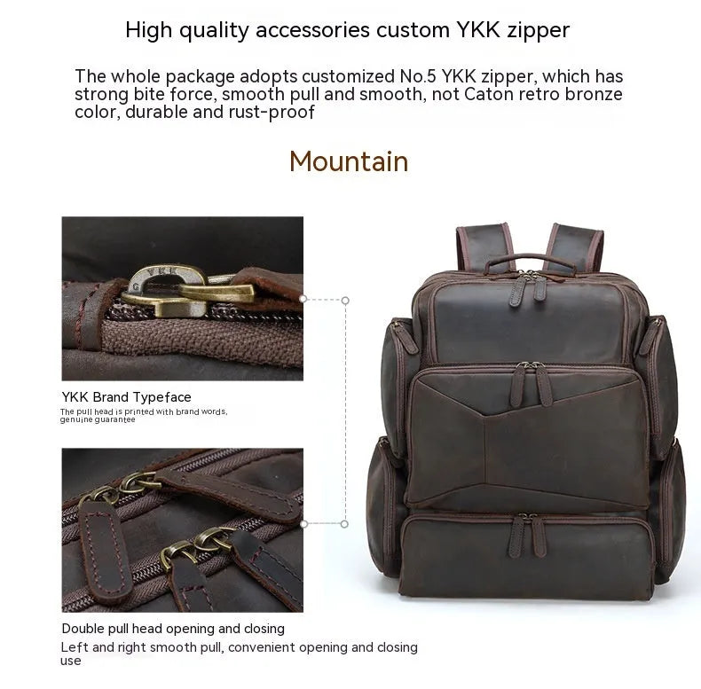 Dark brown men's genuine leather backpack for a 17-inch computer with retro crazy horse texture.