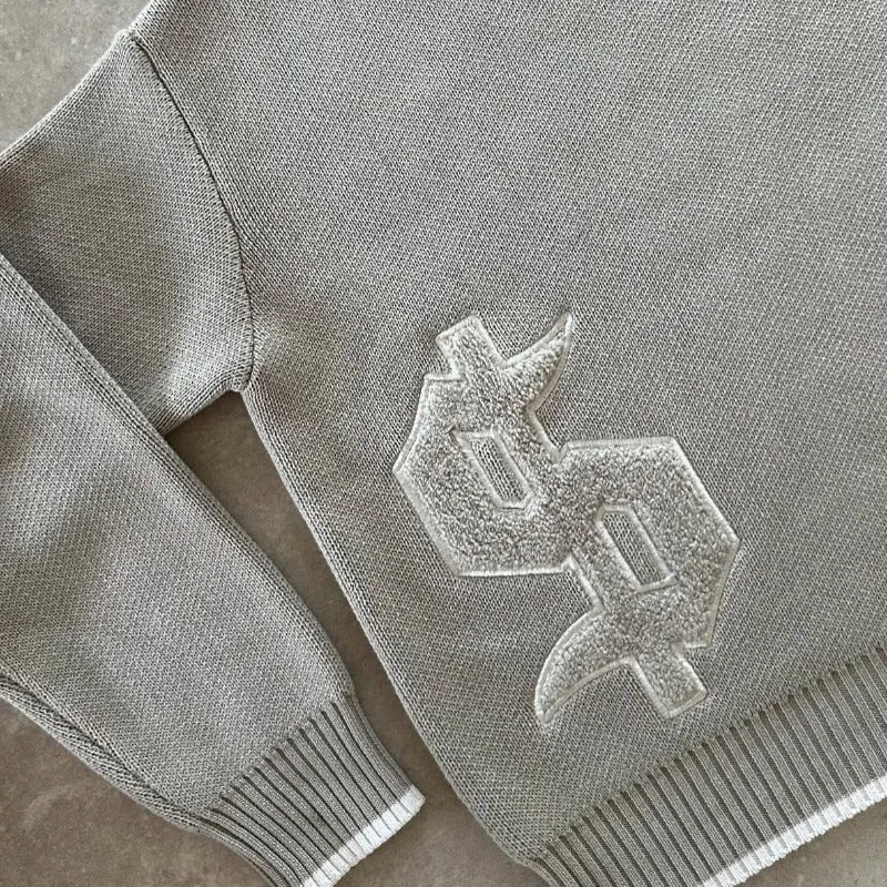 Grey jacquard loose-fitting knitwear coat with long sleeves for autumn and winter