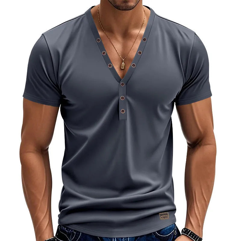 Men's loose thin V-neck pullover top with button design in chemical fibre blend fabric
