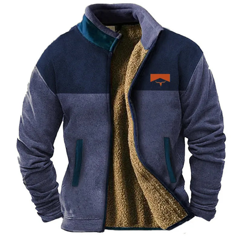 Man wearing a light brown polyester fleece padded coat, regular fit
