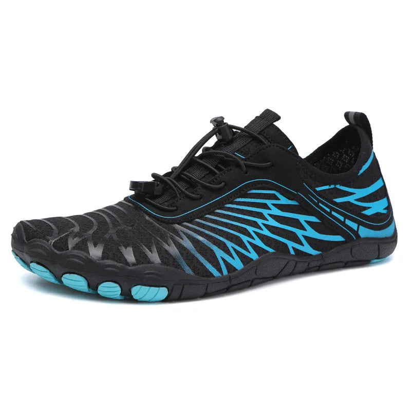 Men's white and black lace-up casual outdoor shoes with rubber sole on a plain background.