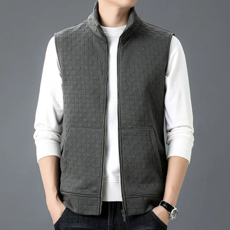 Men's casual sleeveless vest waistcoat in a cardigan style, shown in black, brown, khaki, or grey.