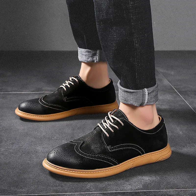 Men's grey genuine leather low-top business shoes with lace-up design and rubber soles