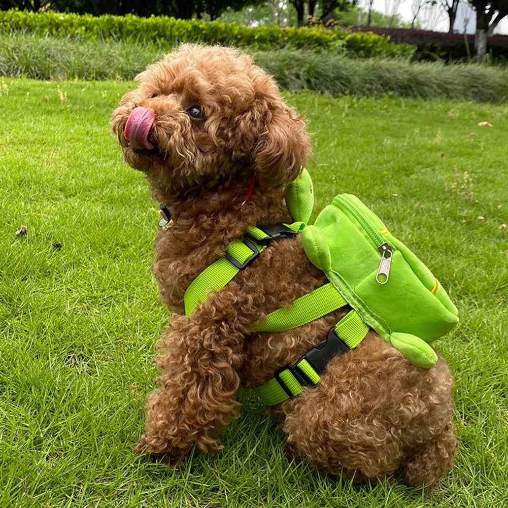 Turtle-shaped dog backpack harness in velvet with metal zipper, shown in available colours