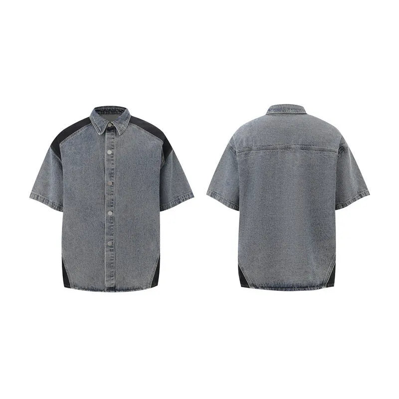 Retro denim suit set showing washed finish short-sleeve jacket and matching trousers