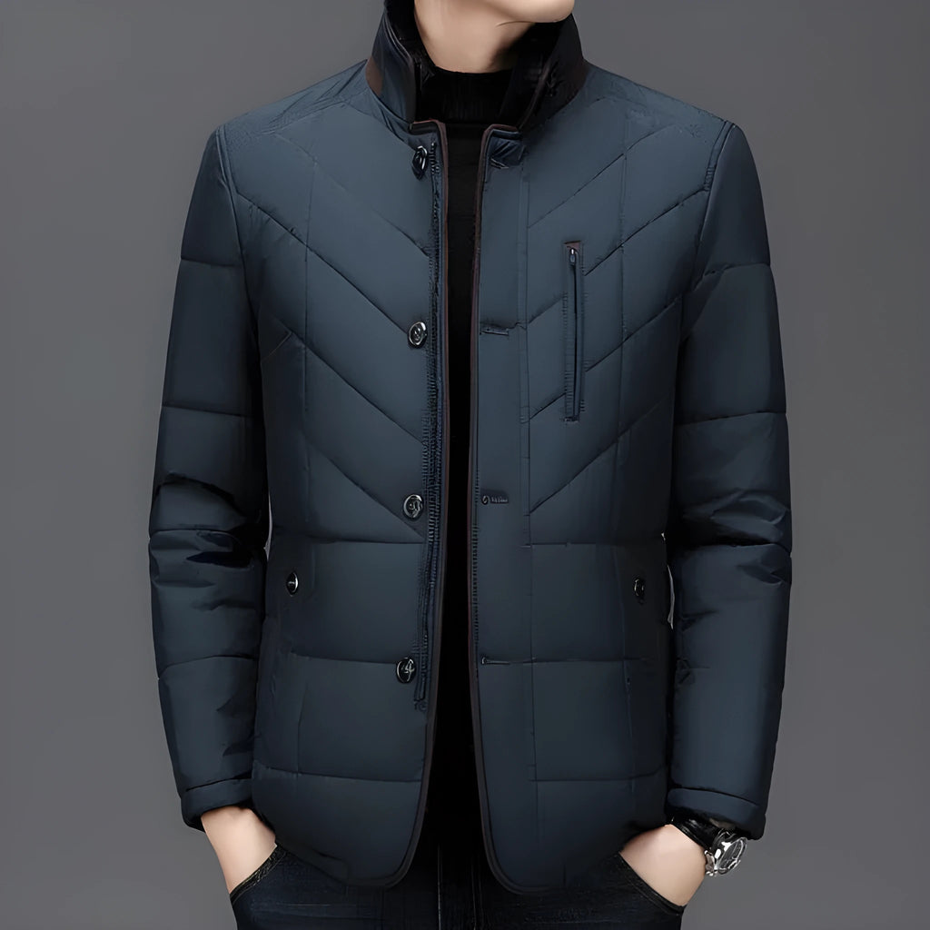 Men's dark blue cotton-padded winter coat with side seam pockets