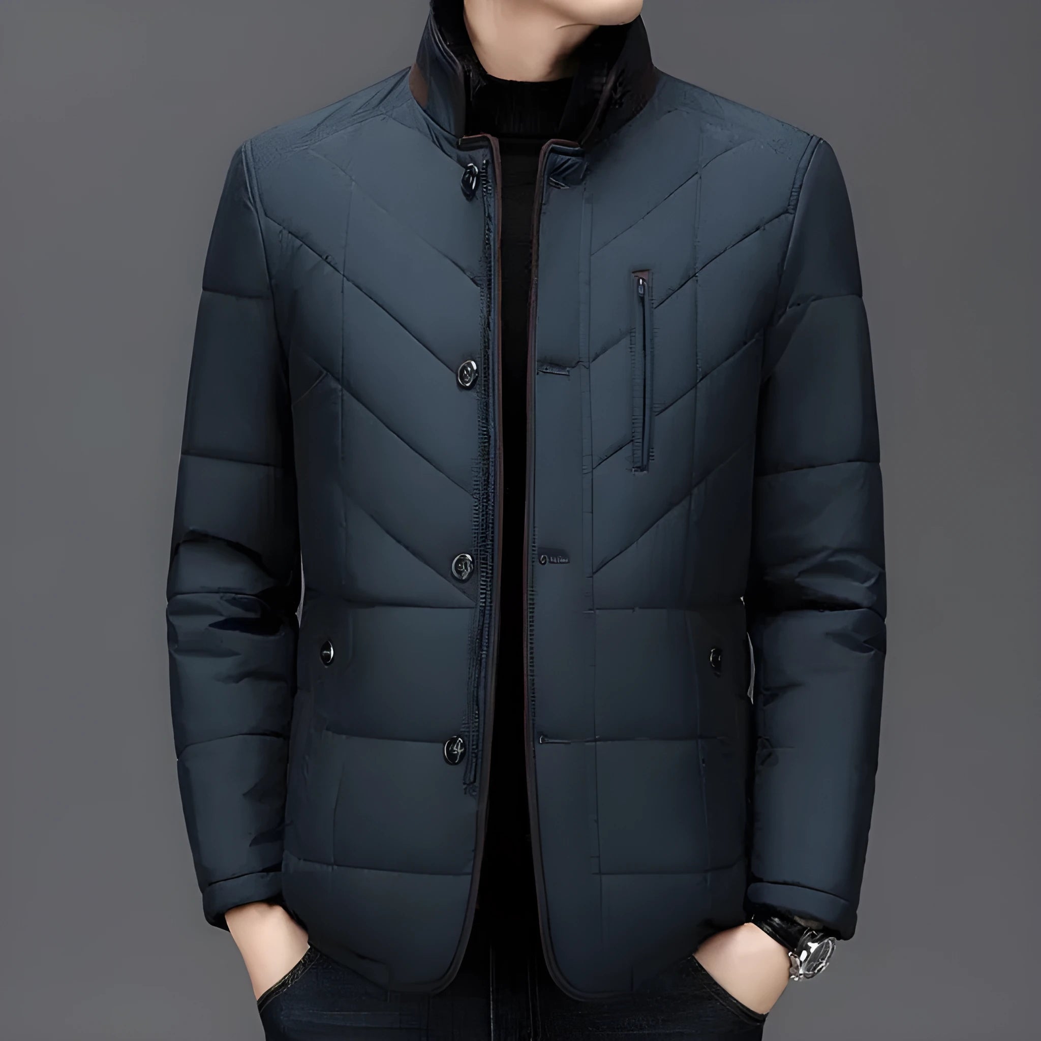 Men's dark blue cotton-padded winter coat with side seam pockets
