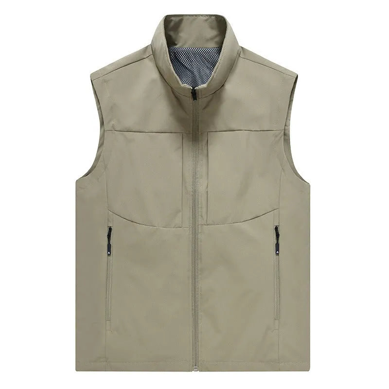 Men's casual outdoor cardigan vest with stand collar and zipper pockets in polyester fibre