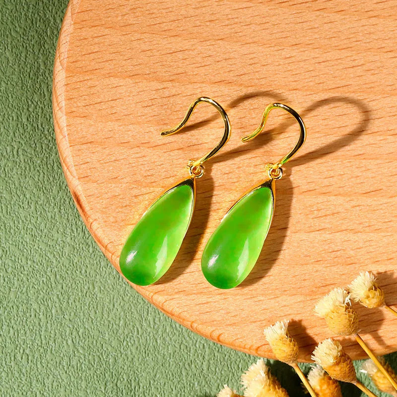 Geometric water droplet earrings with a jade green electroplated finish and Chinese retro style.