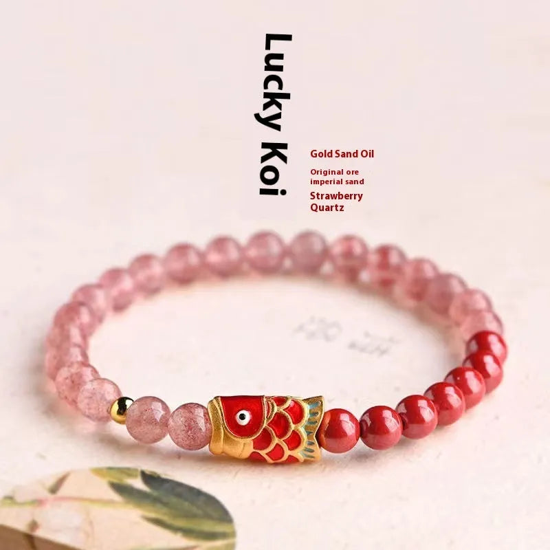 Women's purple cinnabar and strawberry quartz bracelet with peach blossom lucky beads