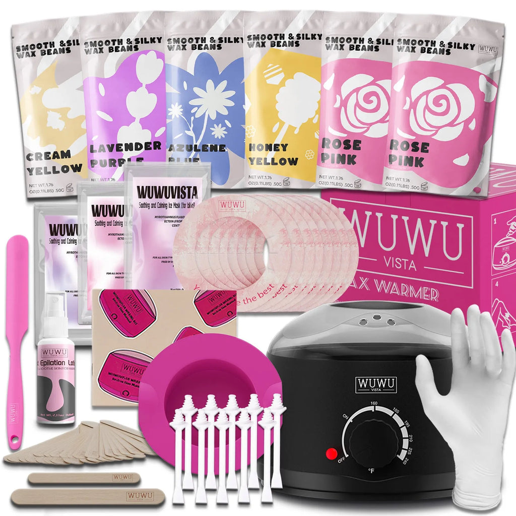 WUWUVISTA 56-piece professional waxing kit with smart warmer, wax beads, applicators and post-care items