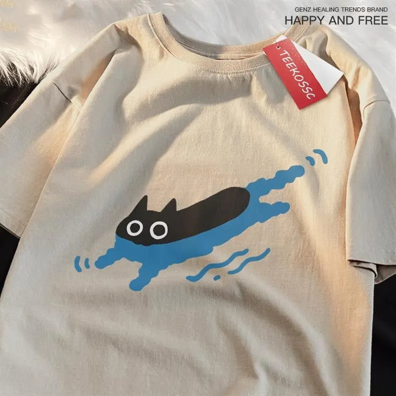 A plus-size woman's black short sleeve cotton T-shirt with a diving cat graphic, shown in a straight cut fit.