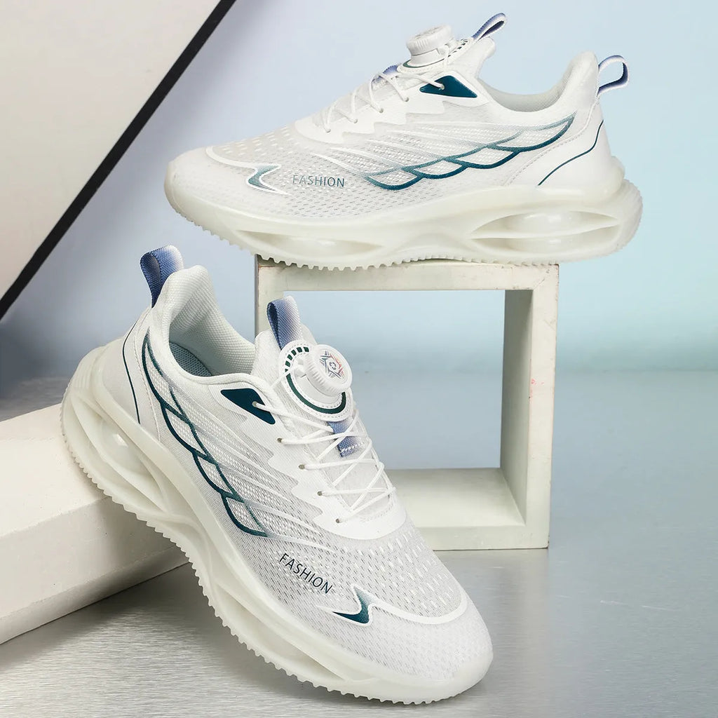 Casual breathable running shoe in sky blue with mesh upper and rubber sole, front lace-up design.