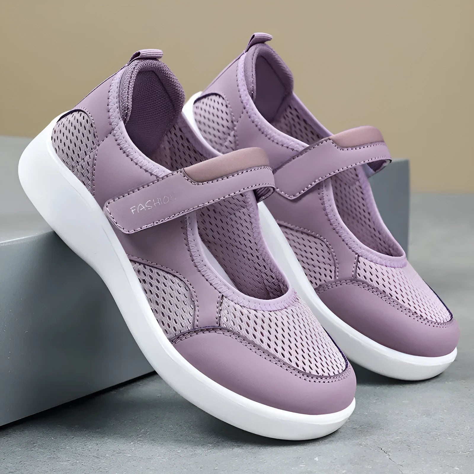 Women's grey mesh casual shoes with Velcro fastening and round toe for leisure wear