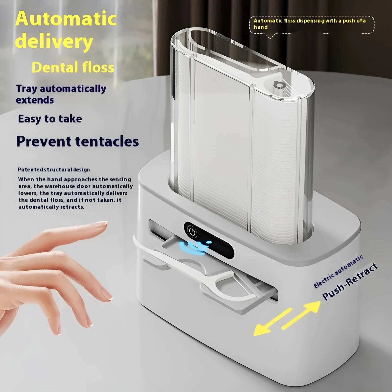 Intelligent induction automatic dental floss box in dark grey, light grey, and gold colour options