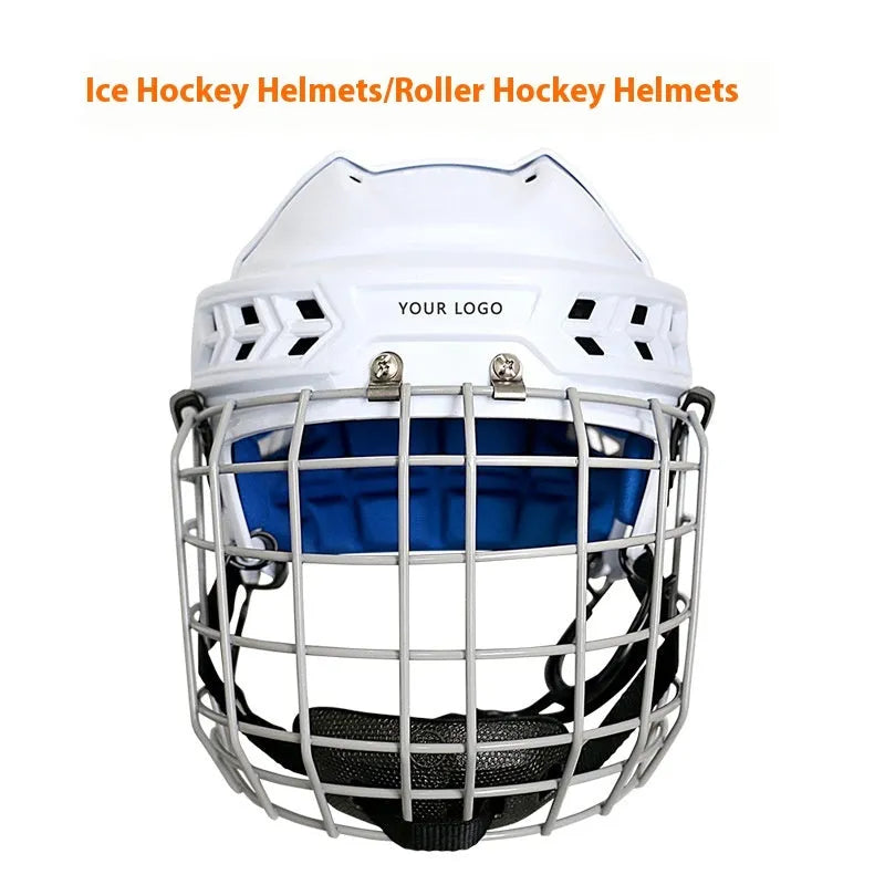 Ice hockey helmet with a carbon steel face mask, shown in size S, M, L, or XL.