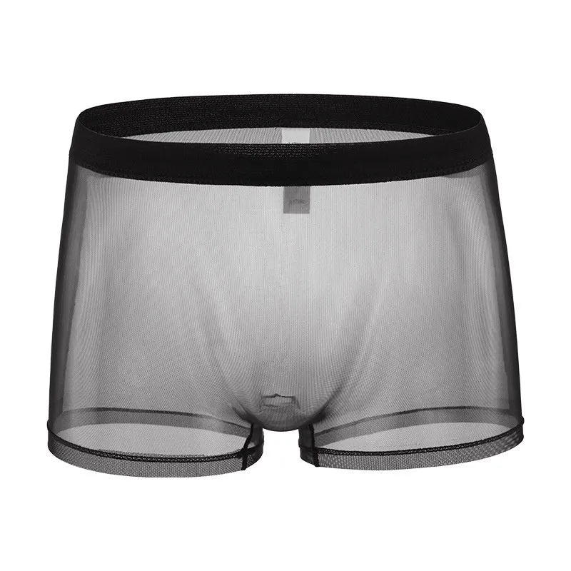 Men's mesh boxer briefs in black, white, green, sapphire blue, skin colour, or pink