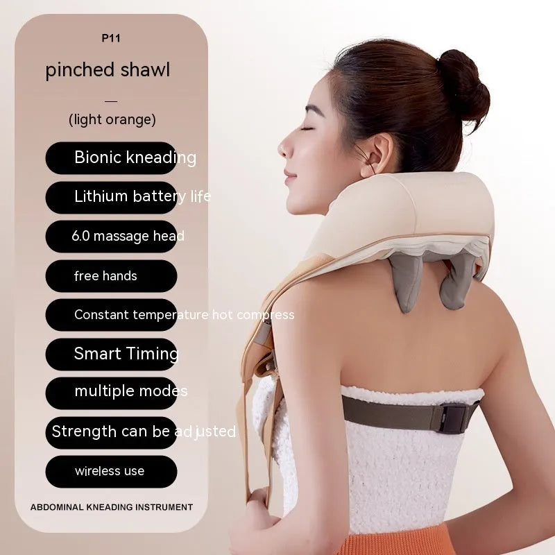 Beige electric shoulder and neck massager with clip-on kneading heads and half PU leather covering on a table