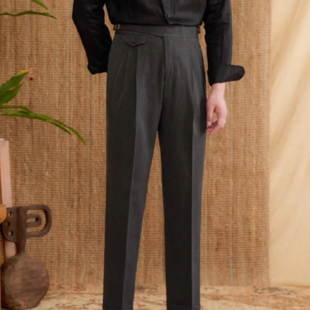 Men's slim fit straight leg business trousers in light brown colour, showing wrinkle resistant polyester fabric.