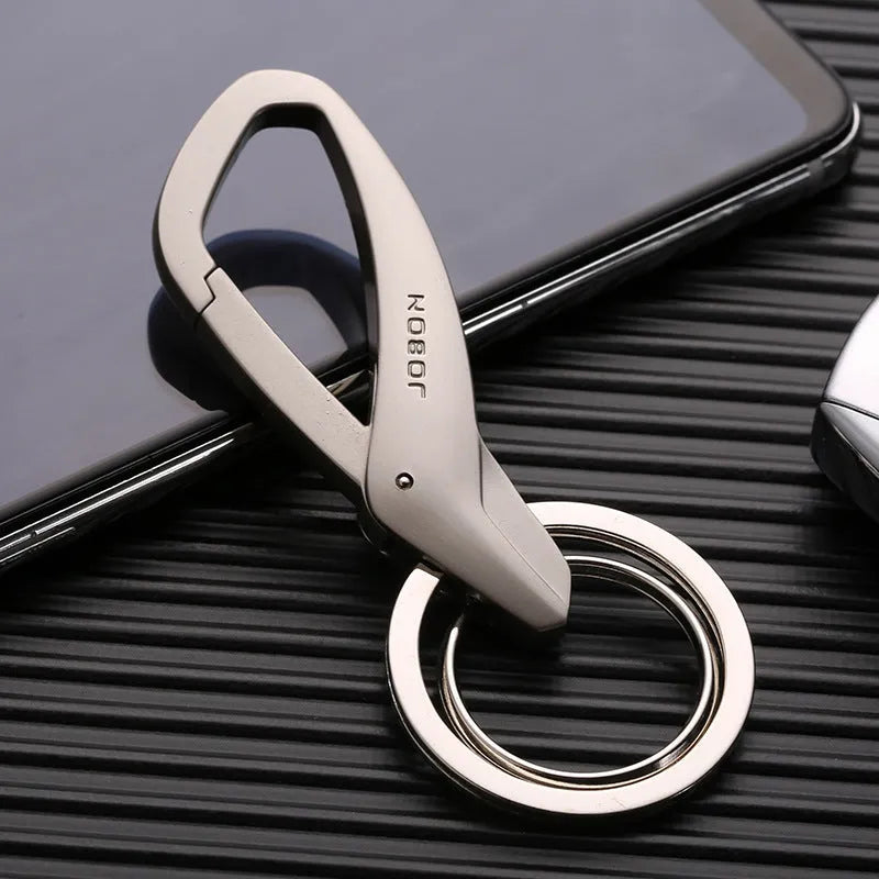 Zinc alloy double ring keychain in black, chrome or nickel colour showing 8.3cm by 3.5cm size