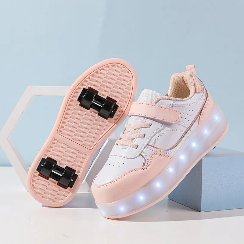 Children's charging flash roller skates with illuminated LED wheels in pink, available in two and four-wheel designs.