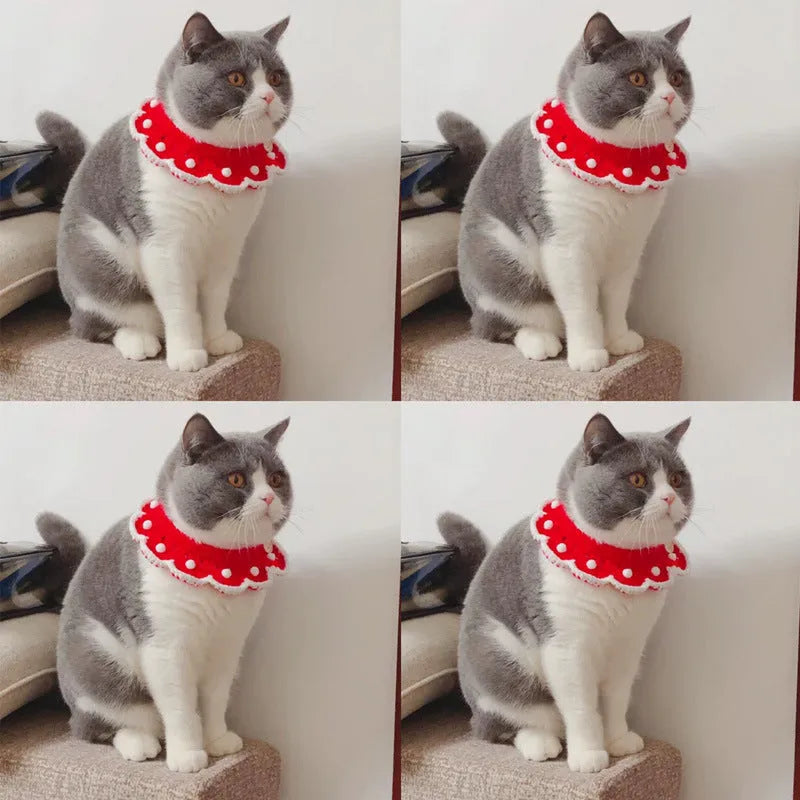 Cartoon pattern wool knitted collar for small pet cat or dog, shown in milk cotton yarn.