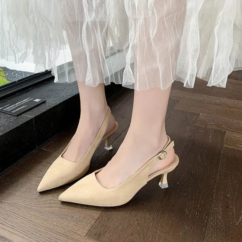 Women's apricot suede pointed-toe stiletto high heel shoe with a rubber sole