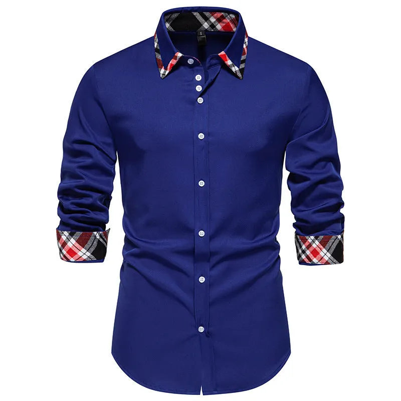 A man's blue plaid long sleeve shirt with a triangle collar on a hanger.