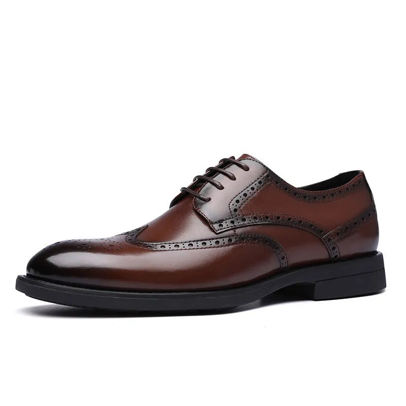 Men's black brogue leather shoes with traditional perforations and Oxford-style construction