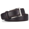 Men's black leather belt with silver alloy pin buckle showing two-layer cowhide construction