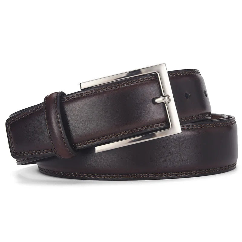 Men's black leather belt with silver alloy pin buckle showing two-layer cowhide construction