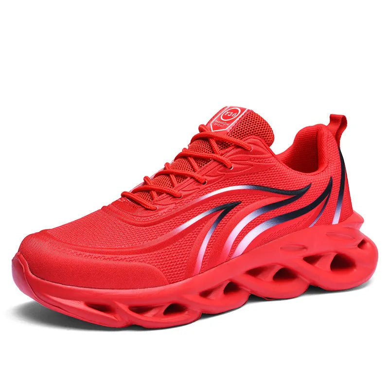 Men's Korean style mesh casual running shoes with carved wing pattern, round toe, foam sole, black and white colour