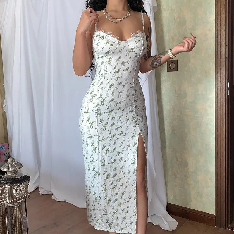 Women's long blue dress with lace flowers print, side slit, and thin spaghetti straps