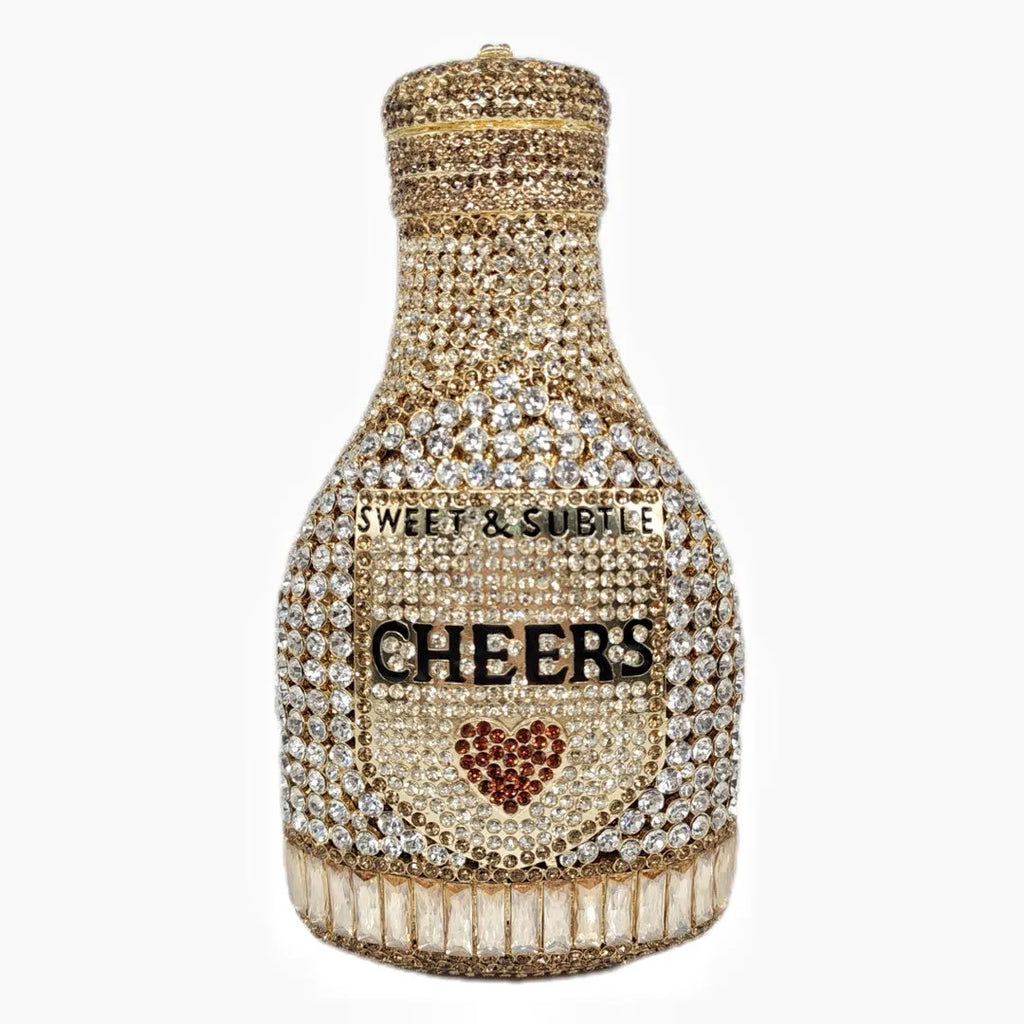Gold champagne bottle-shaped rhinestone evening clutch bag with hard alloy construction.