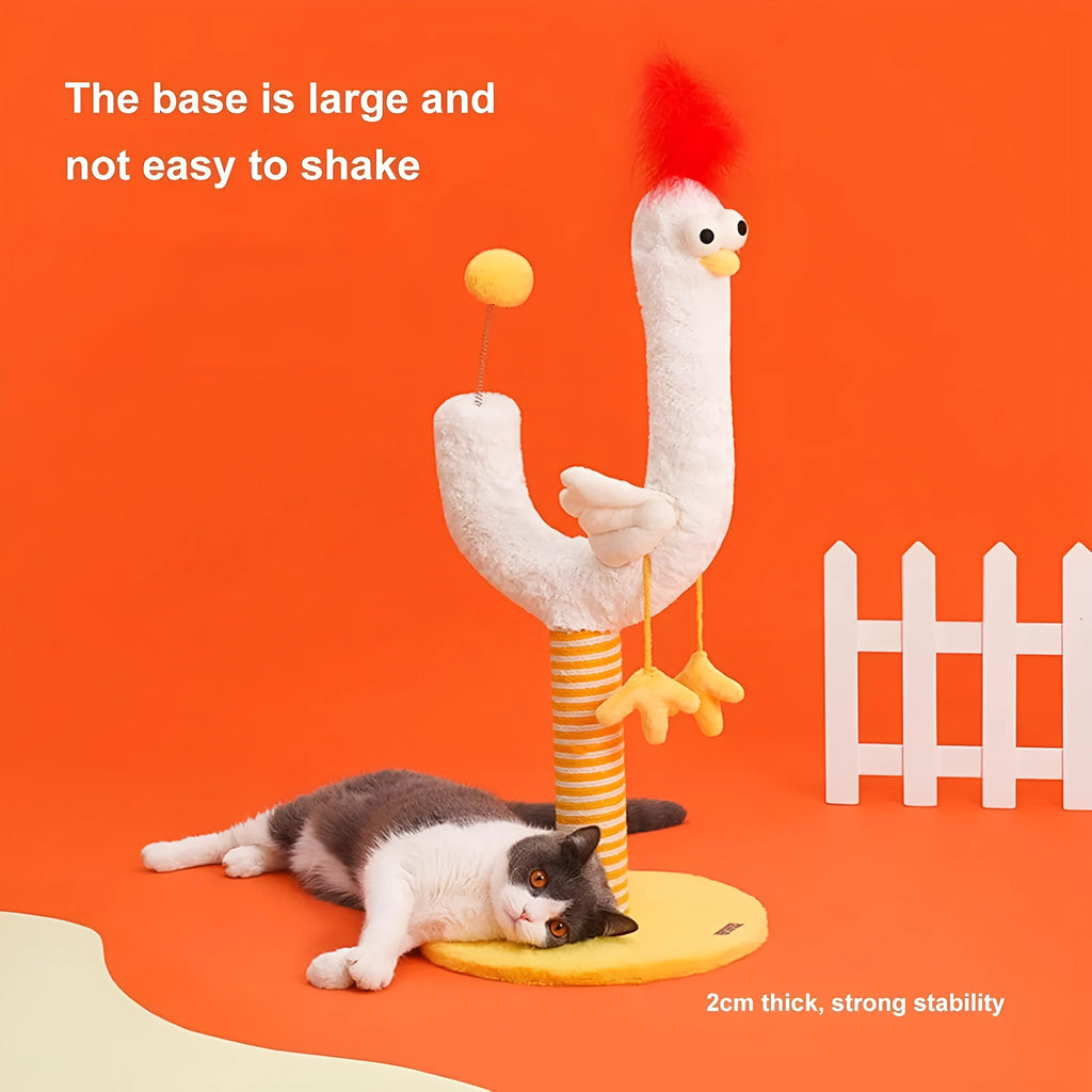 Yellow sisal vertical cat scratching post with chicken strip design and spring ball, 35cm wide and 88cm tall.