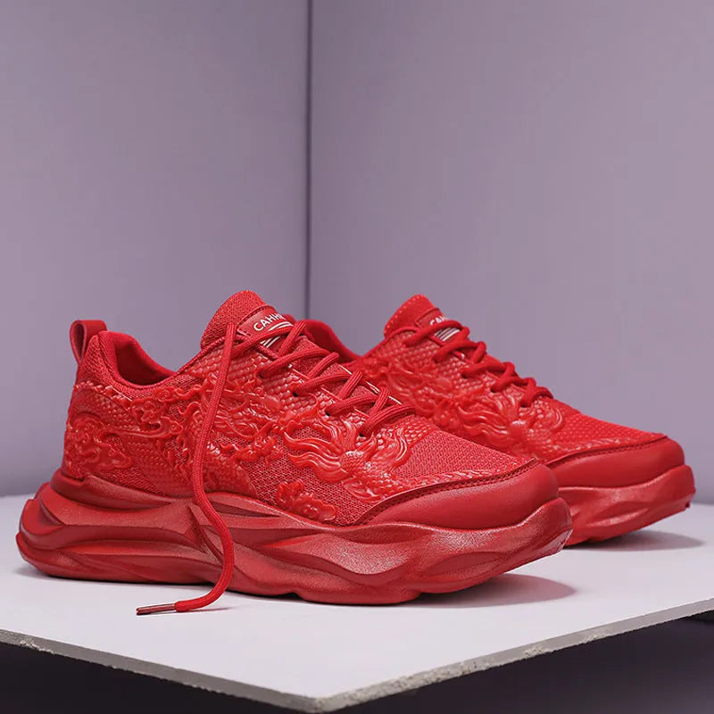 Casual Fly Knit sneakers in Chinese Dragon colour with rubber sole.