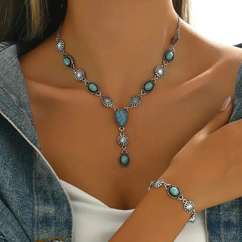 Alloy geometric retro jewellery set with grid pattern earrings necklace bracelet