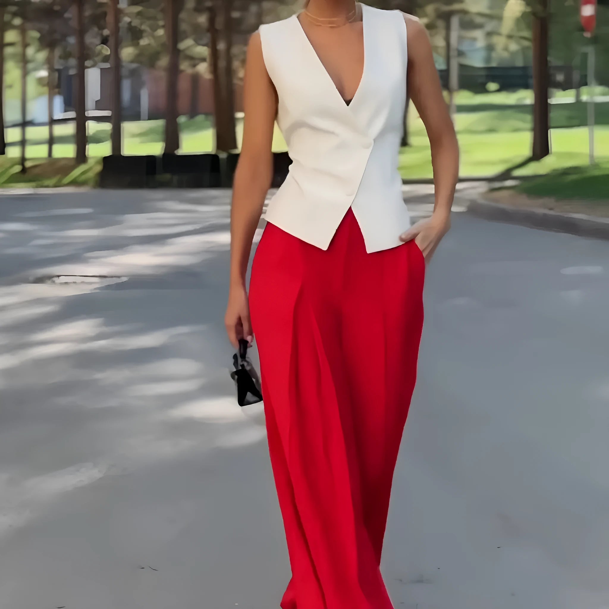 Beige women's two-piece set with deep V-neck sleeveless top and high-waist wide leg trousers