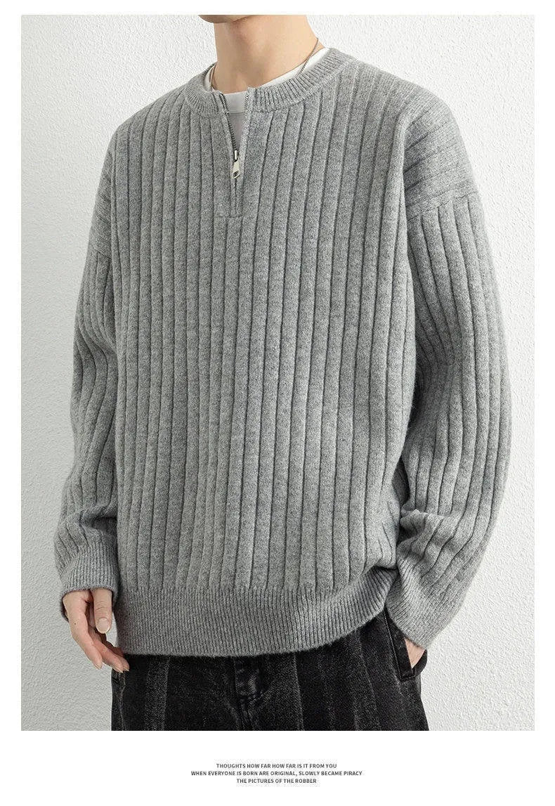 Men's grey half zip sweater with texture knit fabric and loose fit design
