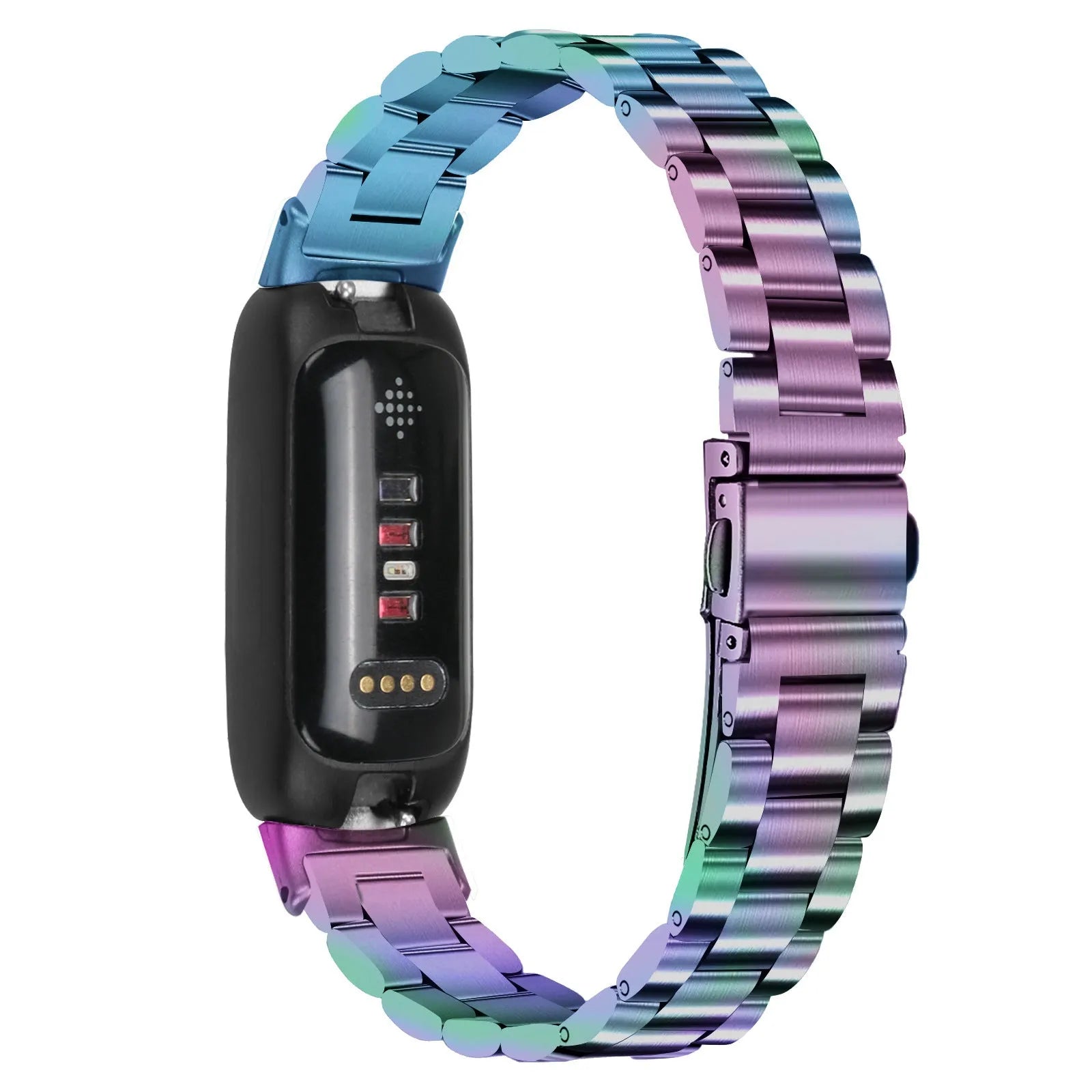 Stainless steel three-bead watch strap for Fitbit Inspire 3 fitness tracker showing adjustable clasp and bead detail