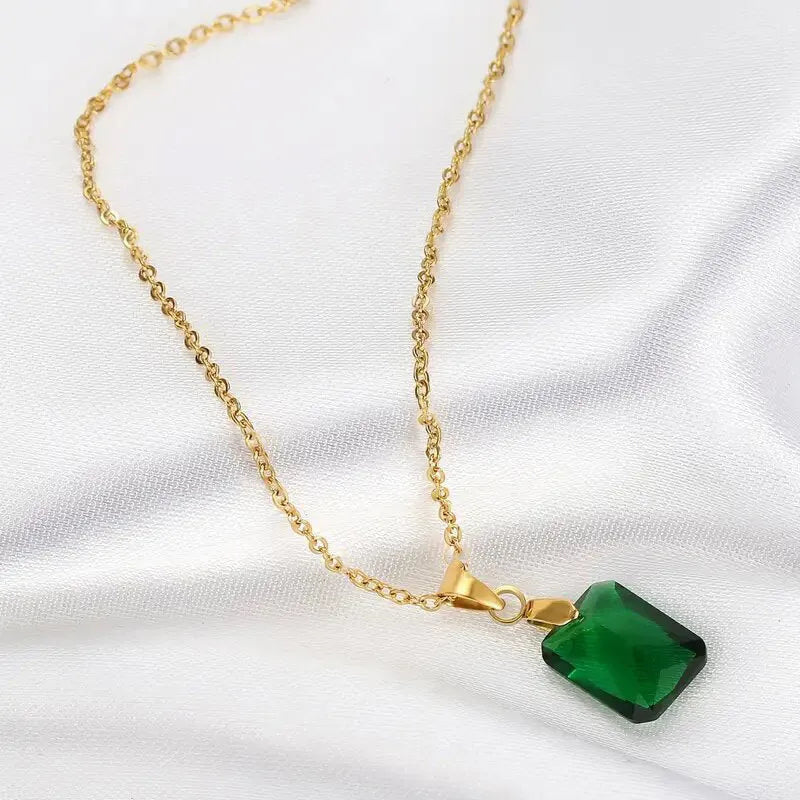 Rectangular copper geometric pendant necklace with green finish and O-ring chain