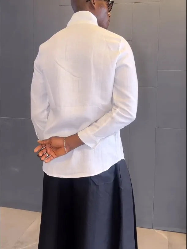Women's white asymmetric long sleeve shirt and black pleated trousers casual two-piece set