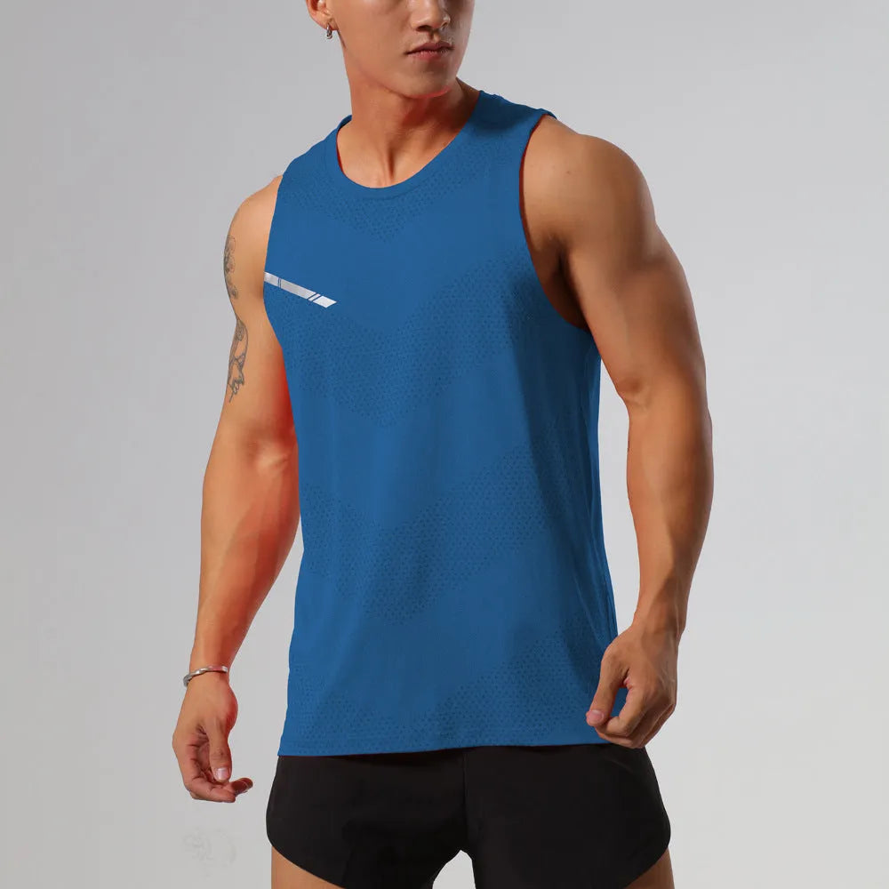 Men's solid colour quick-drying sports tank top for summer outdoor activities on a neutral background.