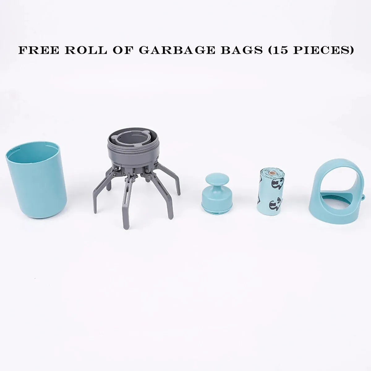 Blue pet pooper scooper with claw design and integrated garbage bag dispenser