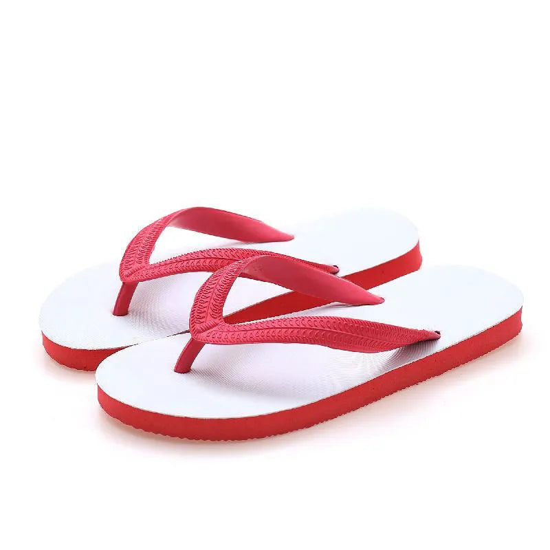 Rubber flip-flops with fish label design in green, red, blue, or black colours on a simple background.