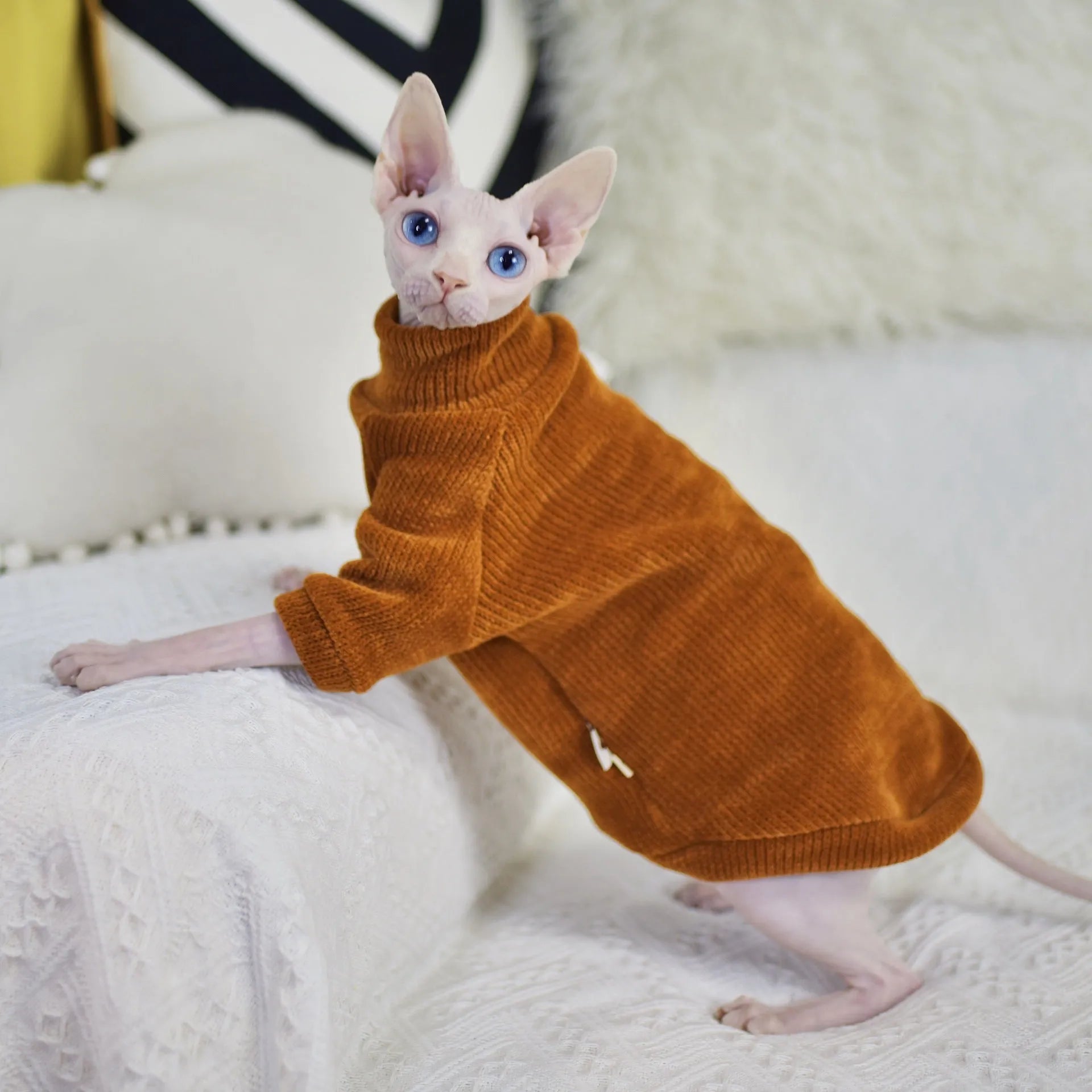 Caramel brown thickened chenille cat coat for hairless cats with fleece lining on white background